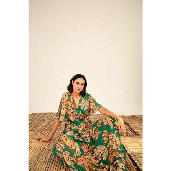 FARM RIO Dress. Green Raining Bananas Maxi Wrap Dress, Size XS, New - Picture 3 of 7